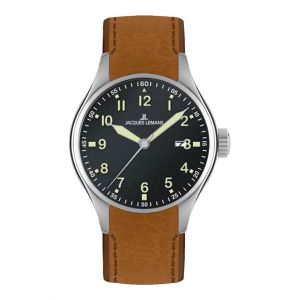 Jacques Lemans Men's Sport 46mm Black Dial Leather Watch
