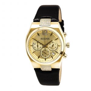 Bulova 97M107 Women's Crystal Gold Tone Dial Black Leather Strap Chronograph Watch