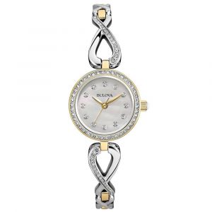 Bulova 98X109 Women's Crystal MOP Dial Two Tone Steel Watch & Infinity Necklace Set