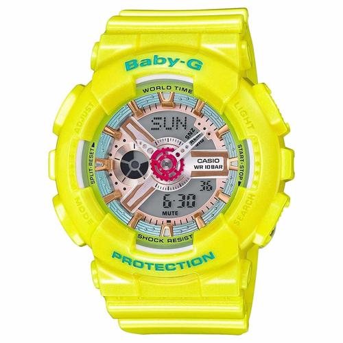 Casio BA110CA-9A Women's Baby-G Ana-Digi Grey Dial Yellow Resin Strap World Time Alarm Watch